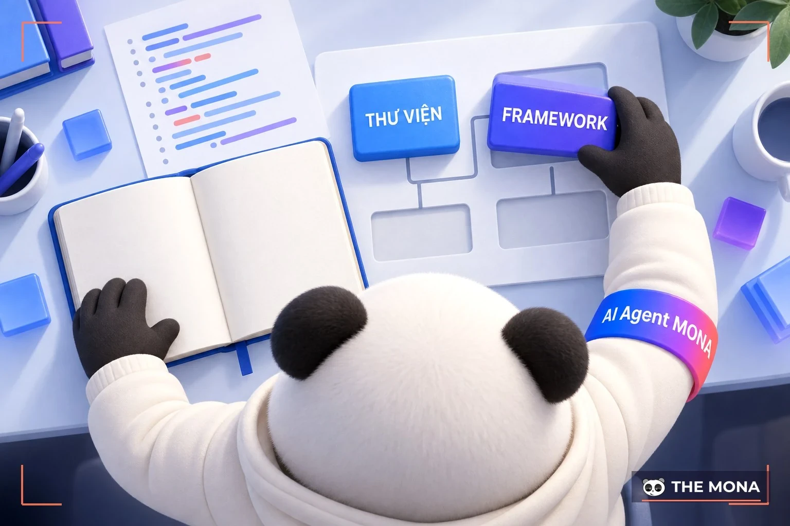 Gấu MONA ghép khối thư viện và framework cạnh cuốn sổ ghi cấu trúc mã nguồn