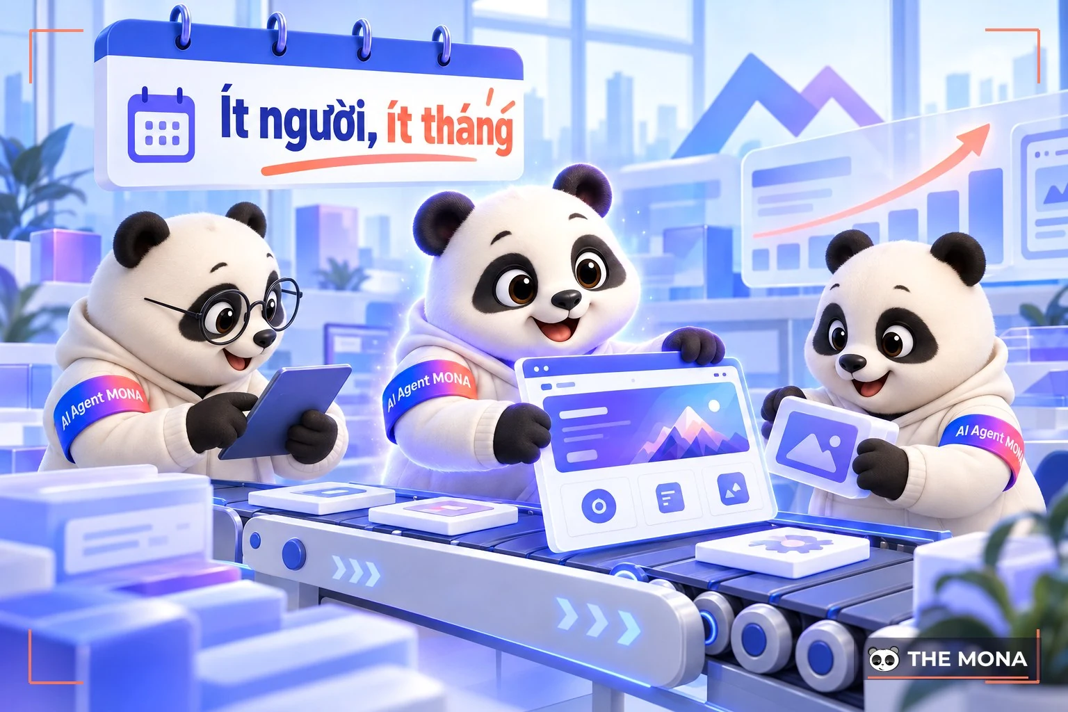 Hai gấu MONA và một agent AI lắp màn hình phần mềm trên băng chuyền nhỏ