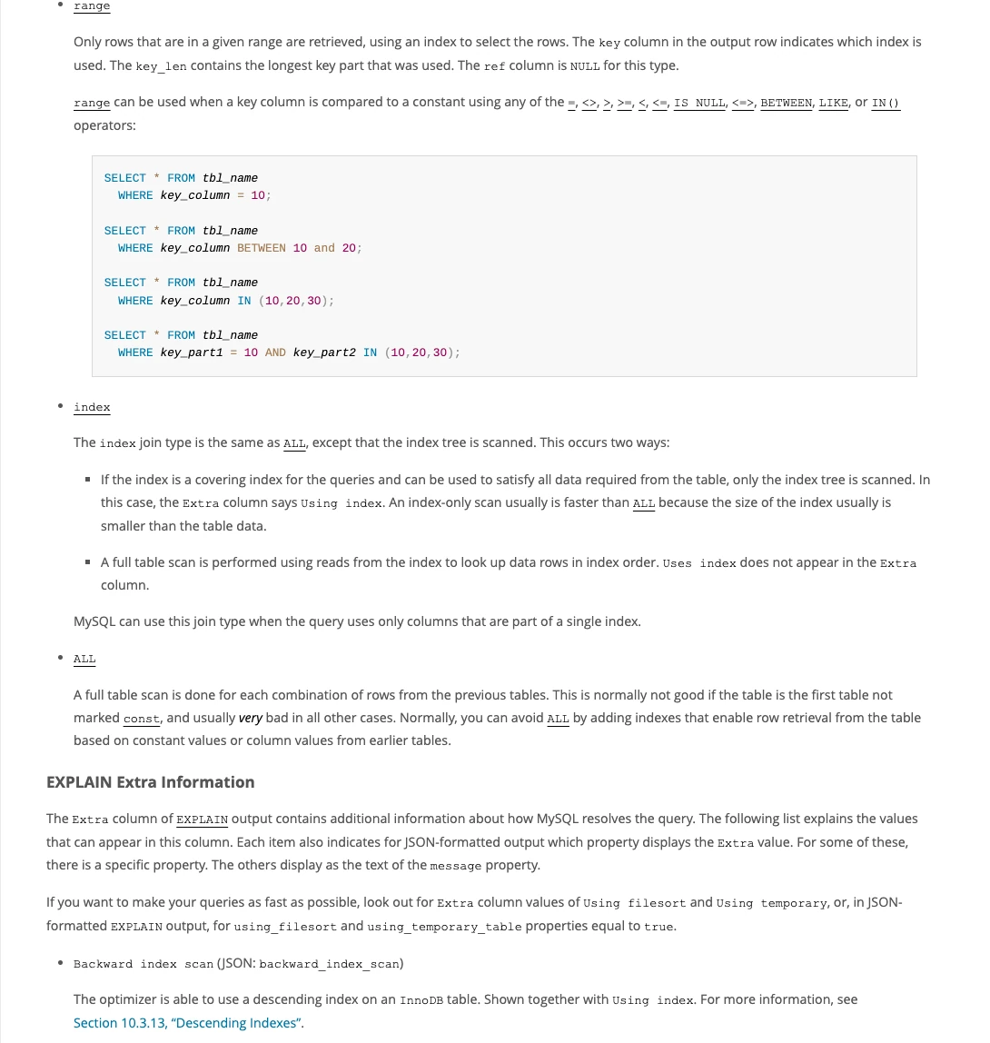 Trang MySQL liệt kê các kiểu type của EXPLAIN từ range, index đến ALL