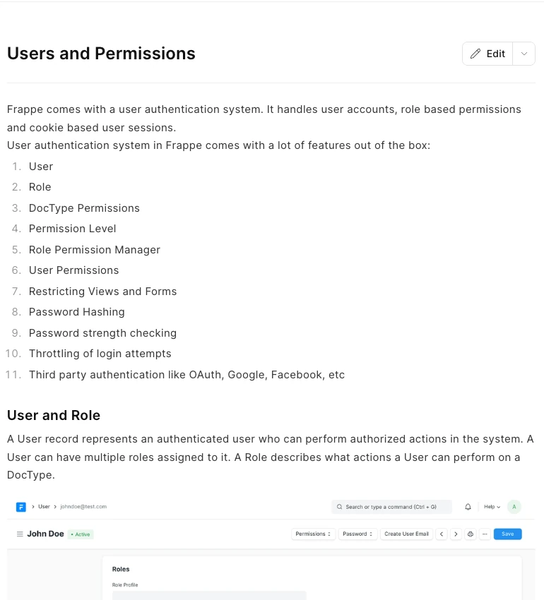 Trang Users and Permissions của Frappe liệt kê quyền theo vai trò và theo DocType