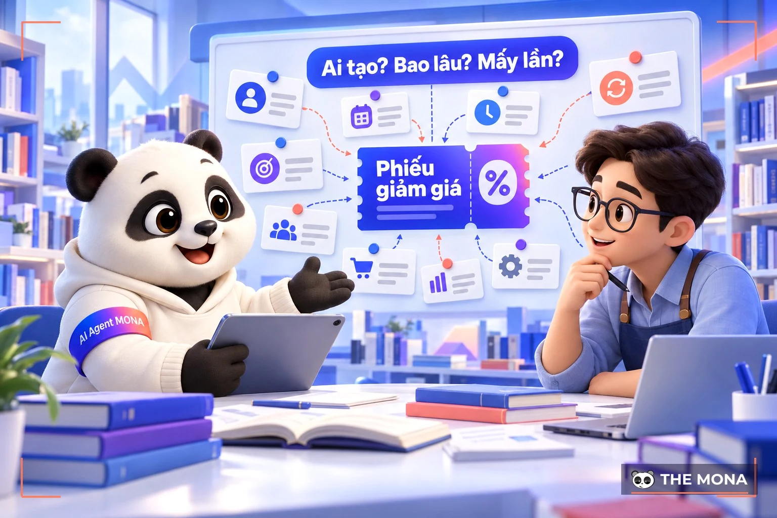 Gấu MONA hỏi chủ cửa hàng sách hàng loạt câu về tính năng phiếu giảm giá