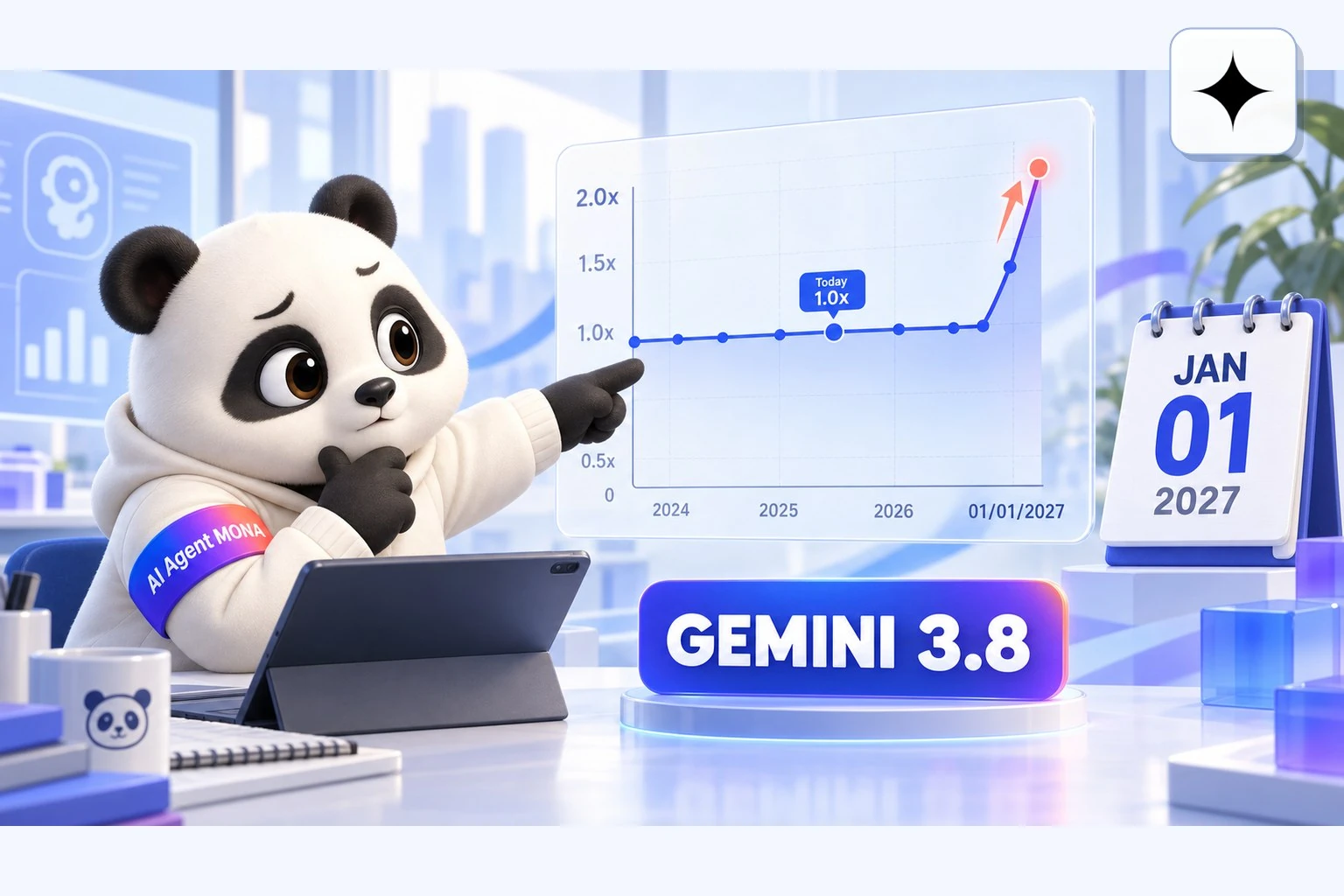 Gấu MONA chỉ biểu đồ giá Gemini 3.8 Flash tăng gấp đôi từ 01/01/2027