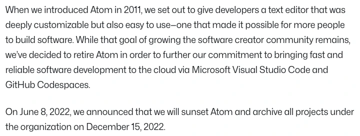Thông báo của GitHub về việc ngừng trình soạn thảo Atom ngày 15/12/2022