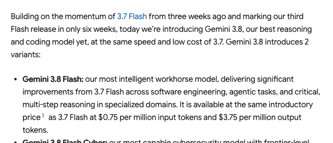 Đoạn mở bài blog Google giới thiệu Gemini 3.8 Flash cùng giá giới thiệu với 3.7 Flash