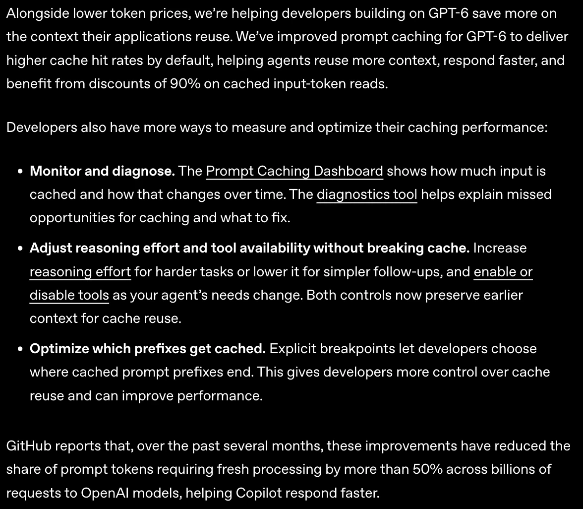 Đoạn OpenAI nói giảm 90% giá đọc lại token đã cache của GPT-6