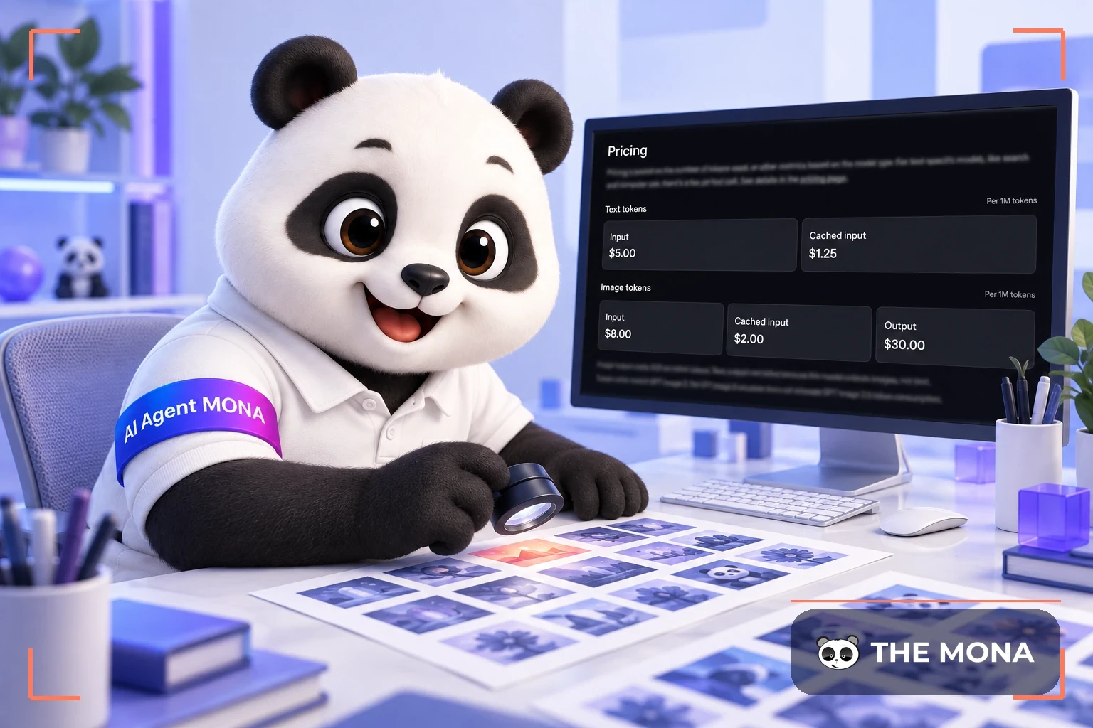 Gấu MONA soi tấm ảnh mẫu cạnh màn hình bảng giá GPT Image 2.5