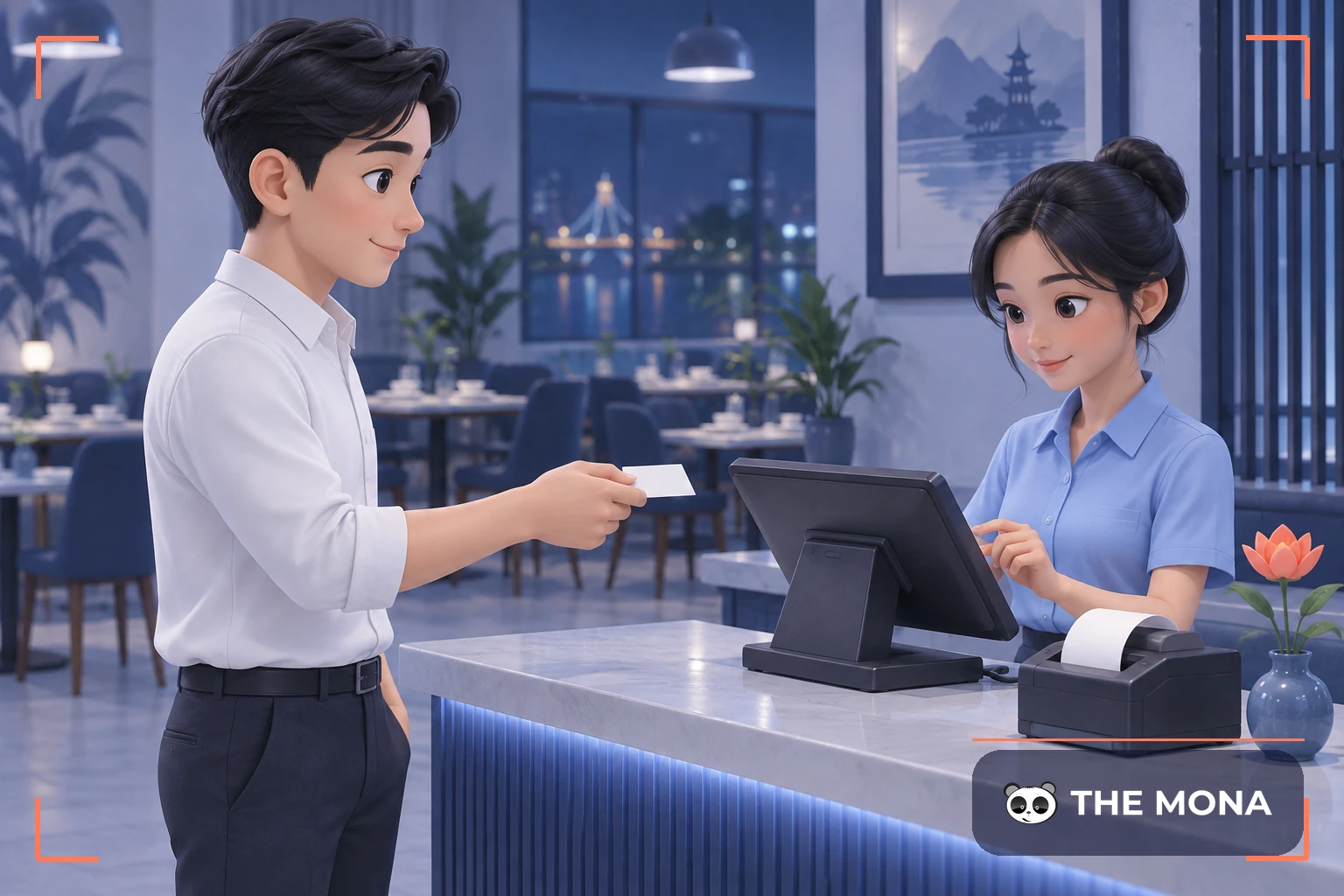Khách đưa danh thiếp để thu ngân nhập thông tin công ty vào máy bán hàng