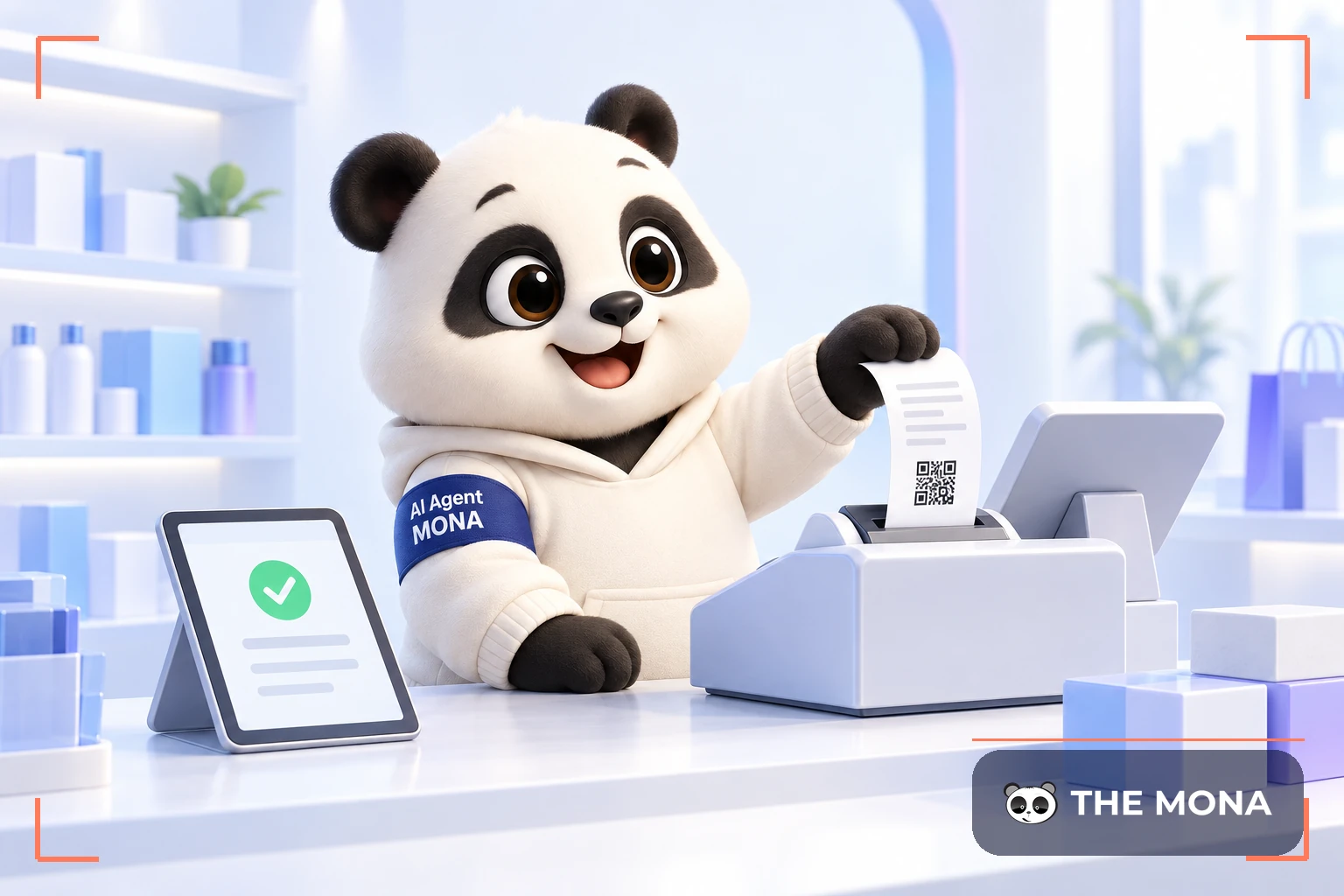 Gấu MONA đứng quầy thu ngân bên máy tính tiền đang in hóa đơn có mã QR