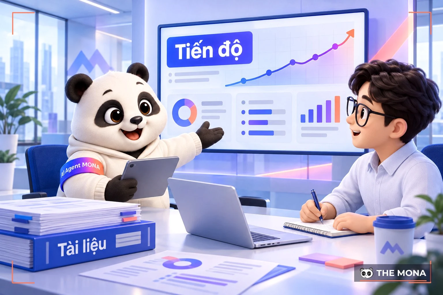 Gấu MONA báo cáo tiến độ bên chồng tài liệu dự án với khách hàng