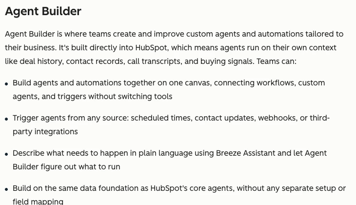 Mô tả Agent Builder của HubSpot: dựng agent tuỳ chỉnh trên dữ liệu CRM sẵn có
