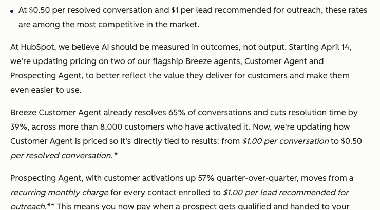 Bảng giá theo kết quả của HubSpot: 1 USD mỗi lead, 0,5 USD mỗi hội thoại