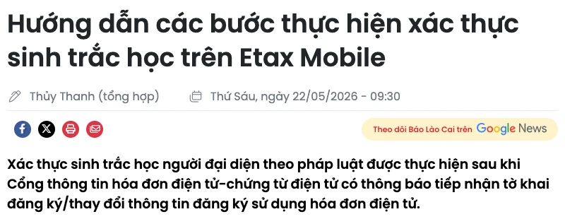 Bài hướng dẫn các bước xác thực sinh trắc học trên eTax Mobile của báo Lào Cai