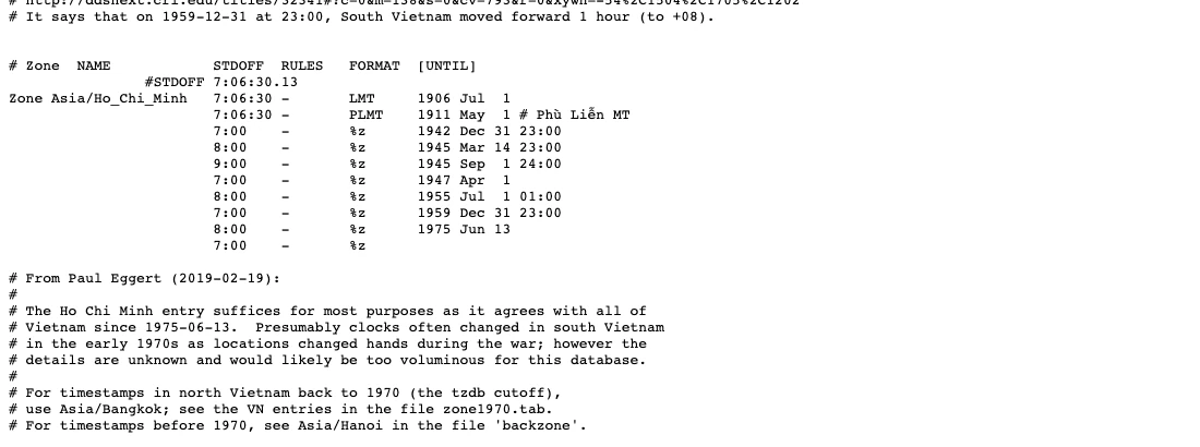 Tệp asia của IANA tz database khai báo múi giờ Asia/Ho_Chi_Minh với giờ UTC+7 từ năm 1975