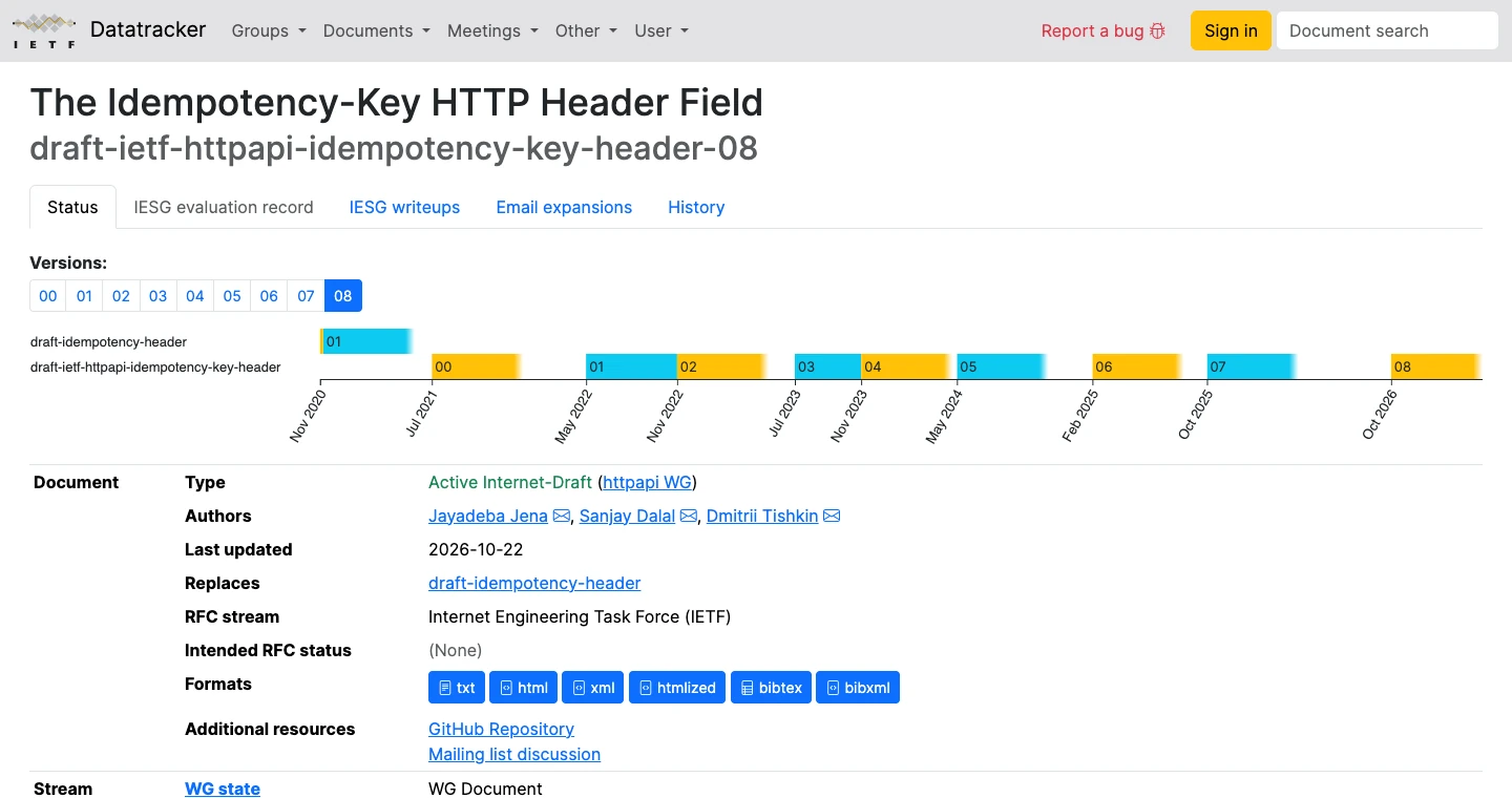 Trang Datatracker của bản nháp IETF về tiêu đề Idempotency-Key, phiên bản 08