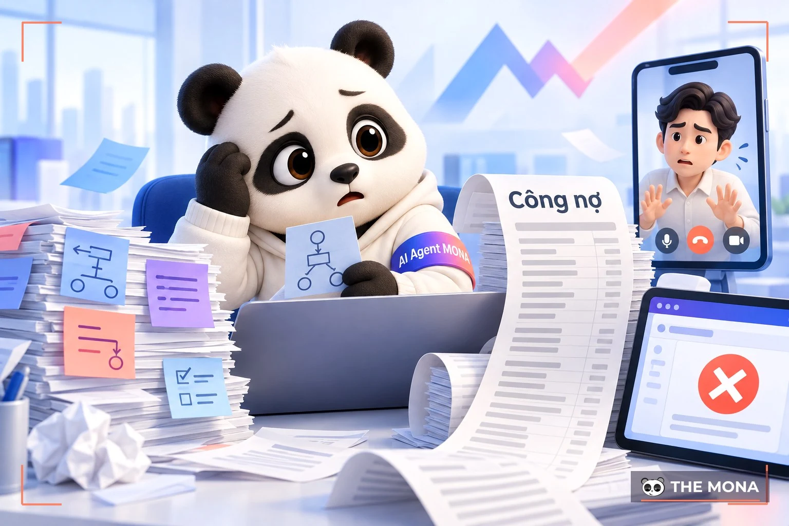 Gấu MONA giữa đống ghi chú đổi yêu cầu và cuộn hoá đơn công nợ dài