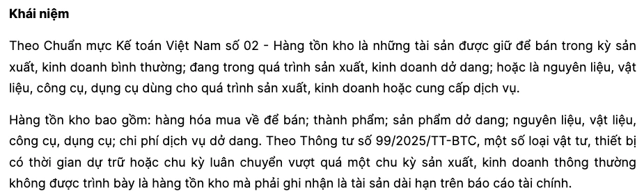 Khái niệm hàng tồn kho theo Chuẩn mực kế toán Việt Nam số 02 và Thông tư 99