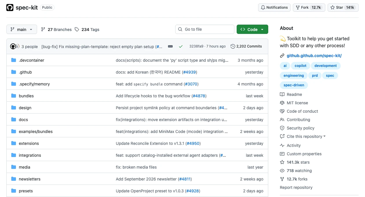 Trang kho GitHub Spec Kit hiển thị 141 nghìn sao, 12,7 nghìn fork và giấy phép MIT