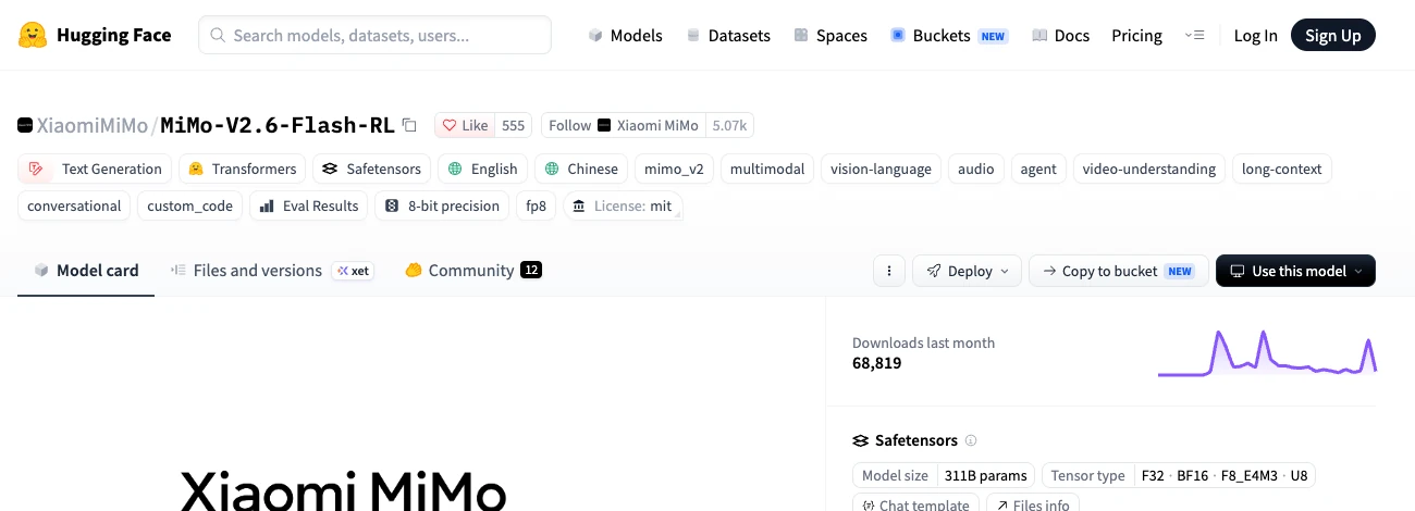 Kho MiMo-V2.6-Flash-RL trên Hugging Face ghi giấy phép mit và 311 tỷ tham số