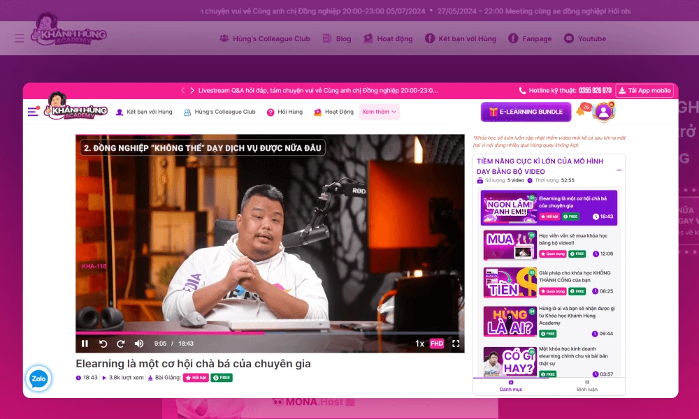 Khu vực học video có danh mục bài và thời lượng từng bài trên website khóa học