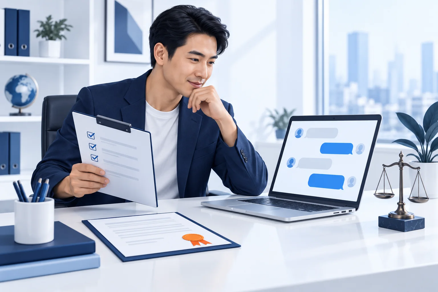 Chủ doanh nghiệp xem checklist bên cạnh laptop đang chạy chatbot để rà theo Luật Trí tuệ nhân tạo