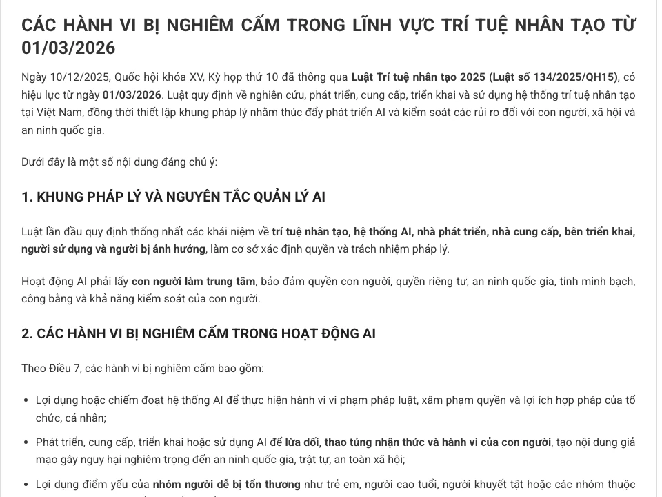 Trang Apolat Legal liệt kê các hành vi bị nghiêm cấm theo Điều 7 Luật Trí tuệ nhân tạo