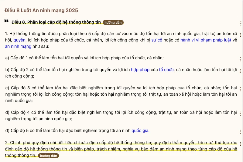 Điều 8 Luật An ninh mạng 2025 phân loại hệ thống thông tin thành năm cấp độ