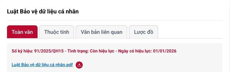 Trang Cổng thông tin Bộ Công an ghi Luật Bảo vệ dữ liệu cá nhân có hiệu lực từ 01/01/2026