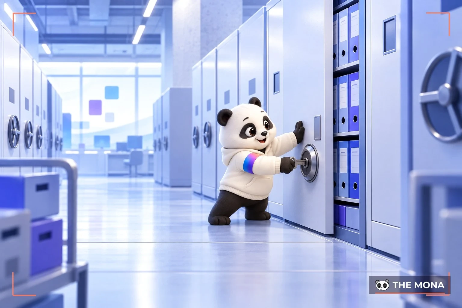 Gấu MONA mở tủ lưu trữ trong kho hồ sơ, nơi cất bản mã nguồn bàn giao