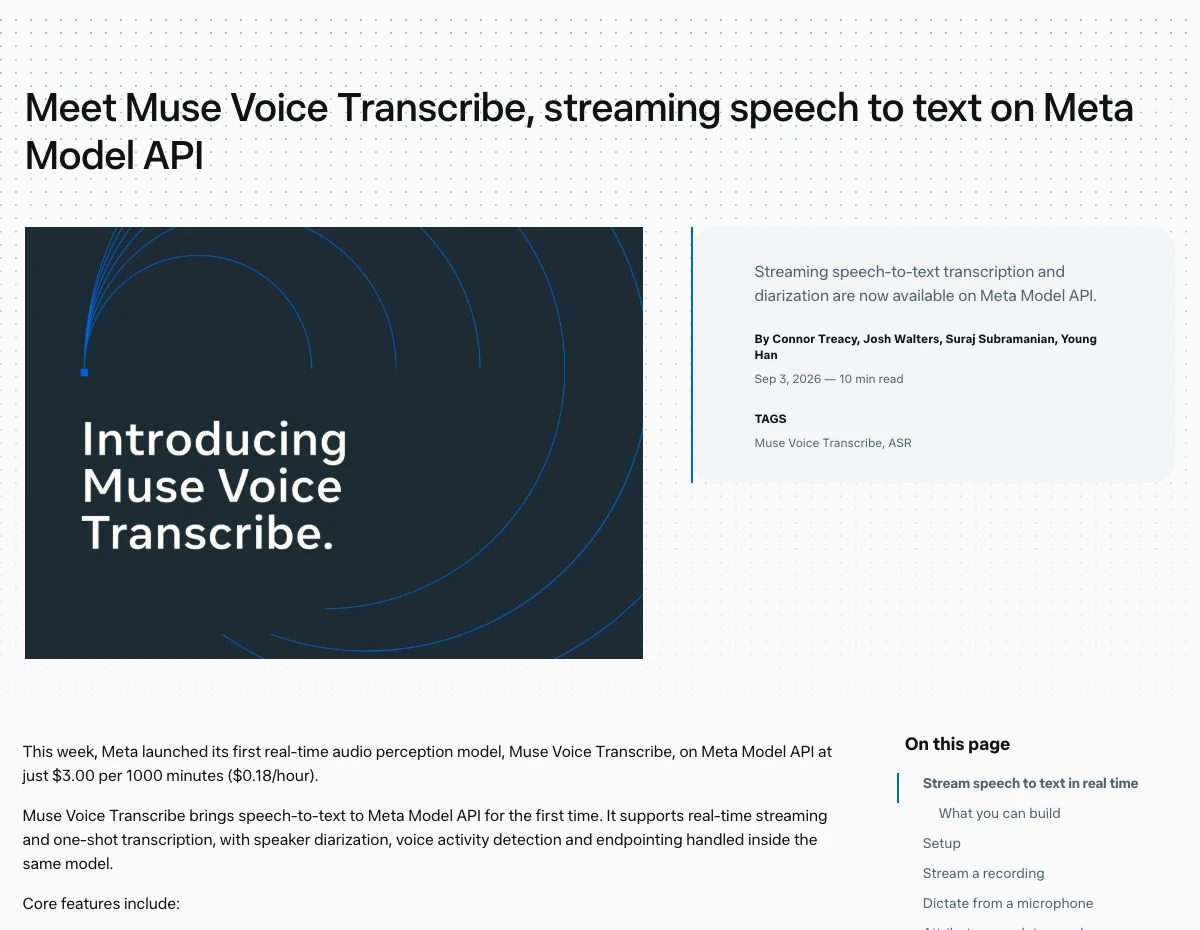Bài công bố Muse Voice Transcribe của Meta ghi giá 3 USD mỗi 1.000 phút