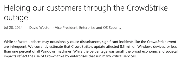 Microsoft ước tính bản cập nhật lỗi của CrowdStrike ảnh hưởng 8,5 triệu máy Windows