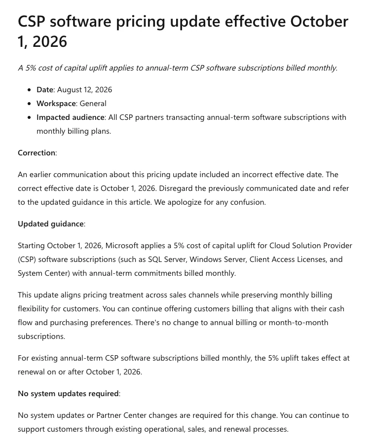 Trang Partner Center của Microsoft ghi mức tăng 5% cho phần mềm CSP thanh toán hằng tháng từ 01/10/2026