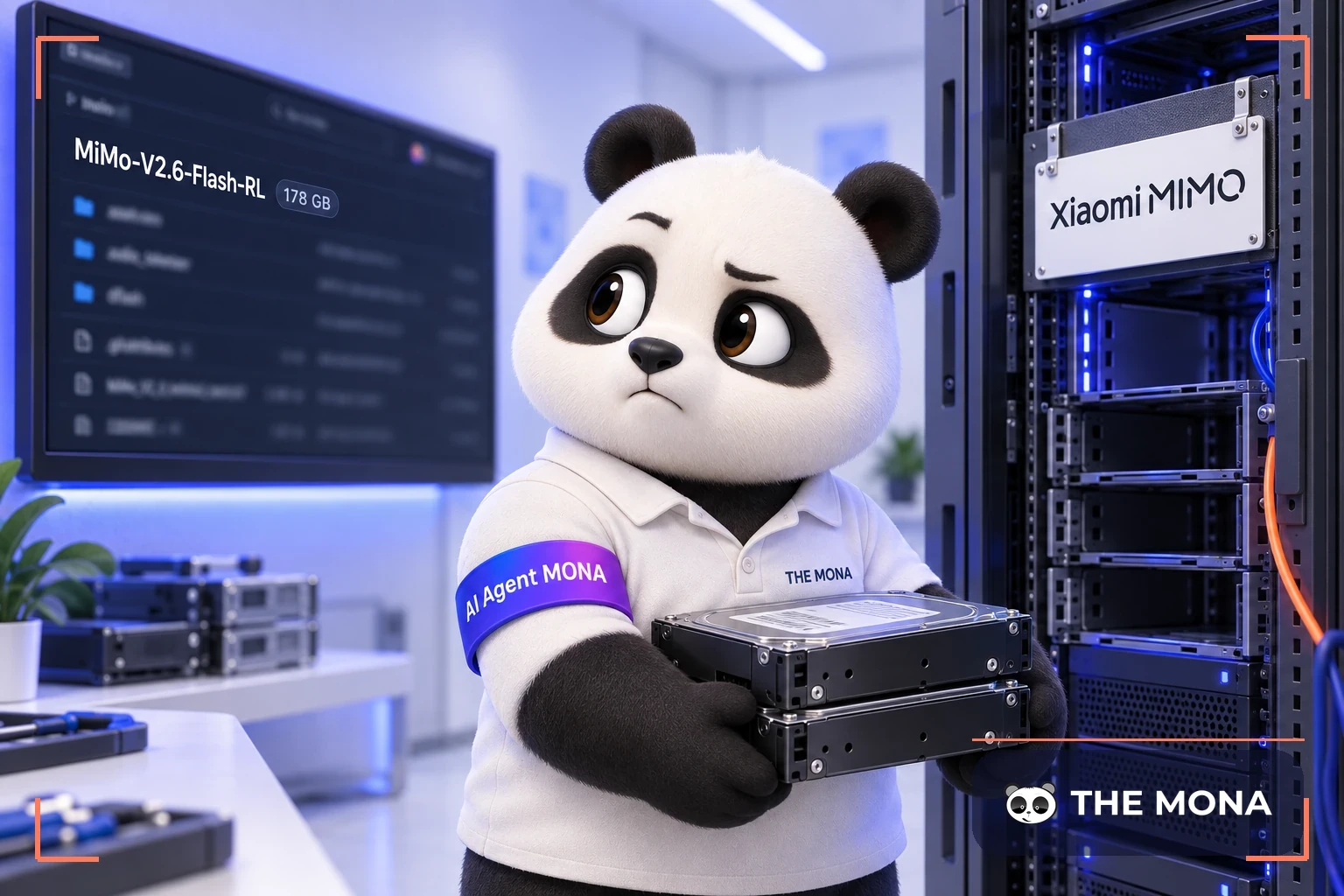 Gấu MONA ôm hai ổ cứng nhìn màn hình ghi kho MiMo nặng 178 GB