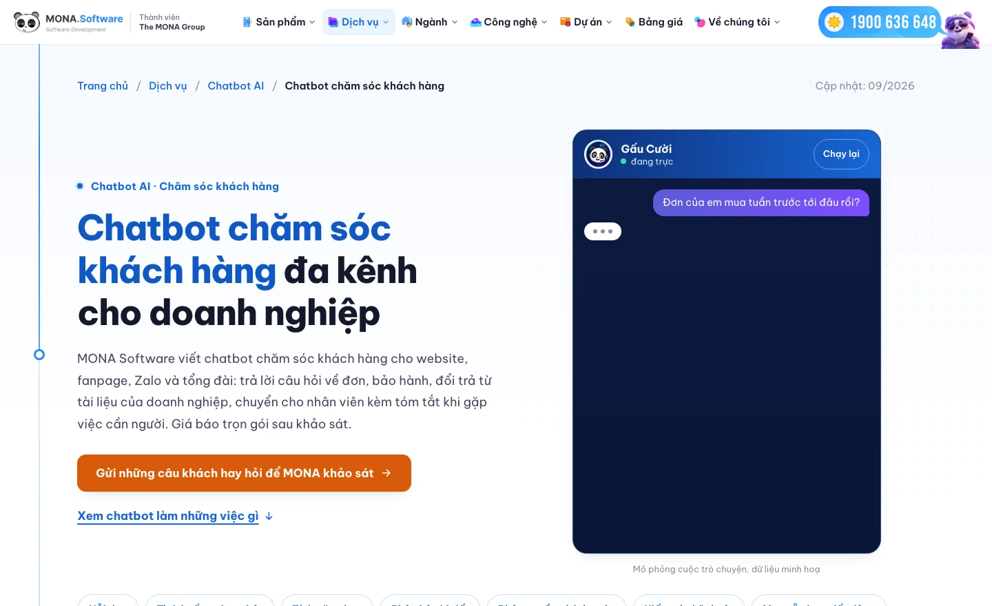 Trang chatbot chăm sóc khách hàng đa kênh của MONA Software