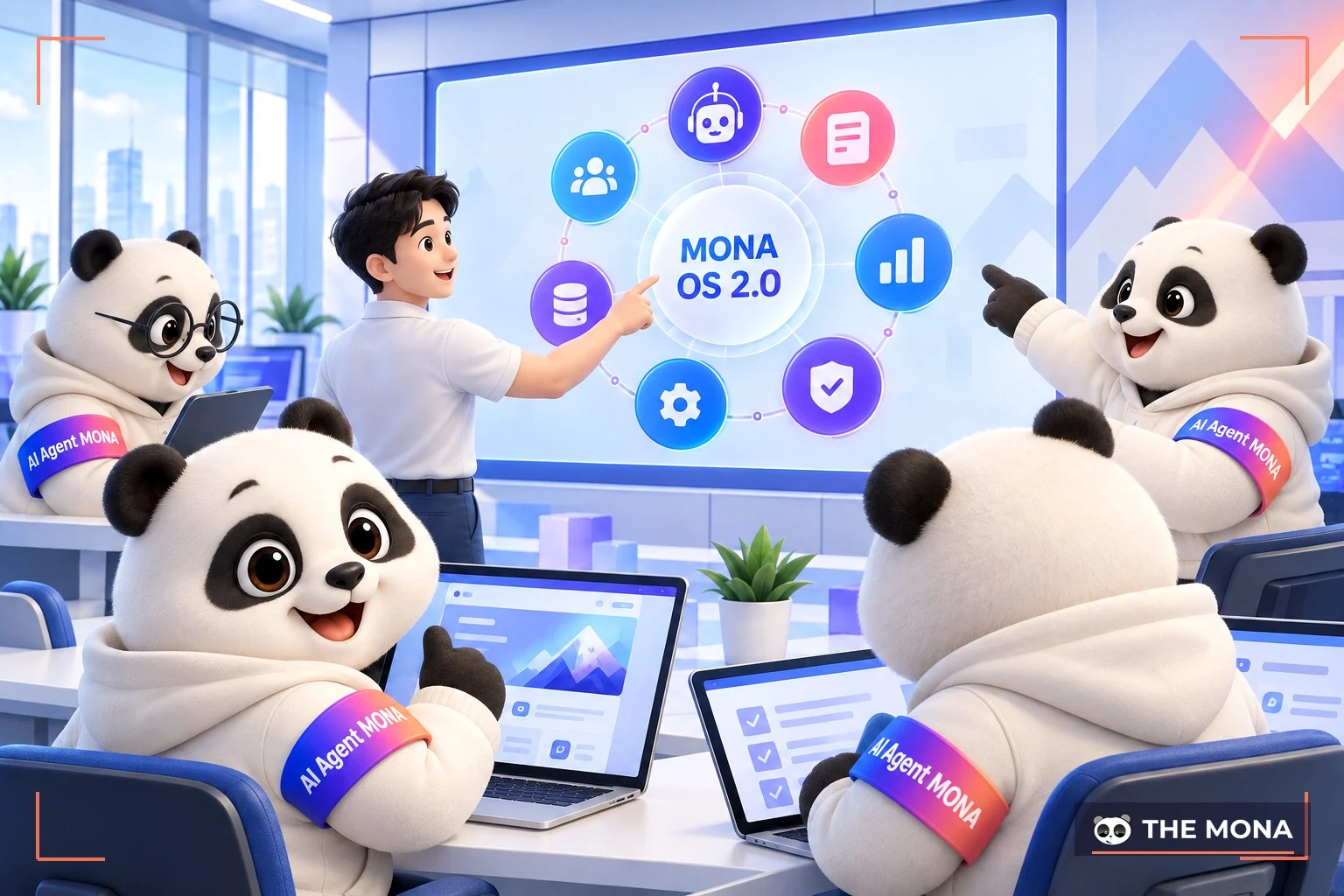 Đội gấu MONA làm việc trước màn hình bảy phần mềm của MONA OS 2.0