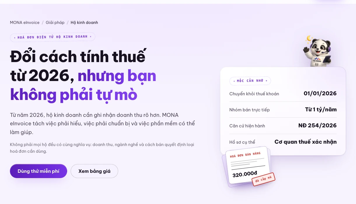 Trang giải pháp hóa đơn điện tử cho hộ kinh doanh của MONA eInvoice