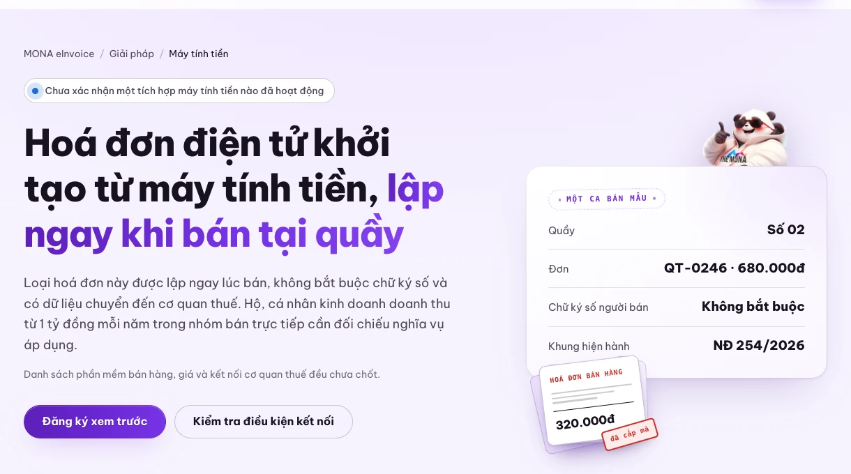 Trang giải pháp hóa đơn khởi tạo từ máy tính tiền của MONA eInvoice