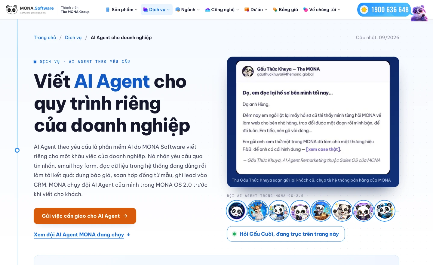 Trang dịch vụ viết AI Agent cho doanh nghiệp của MONA Software