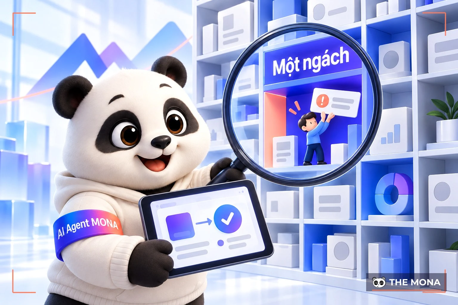 Gấu MONA cầm kính lúp soi vào một ngách nhỏ để giải đúng một vấn đề
