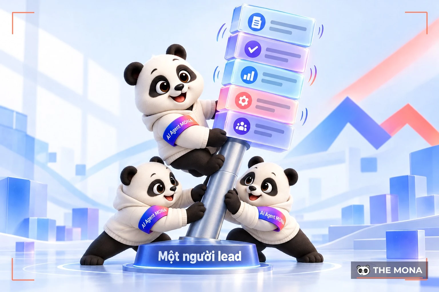 Một gấu lead giữ cột đỡ năm hộp dự án đang nghiêng