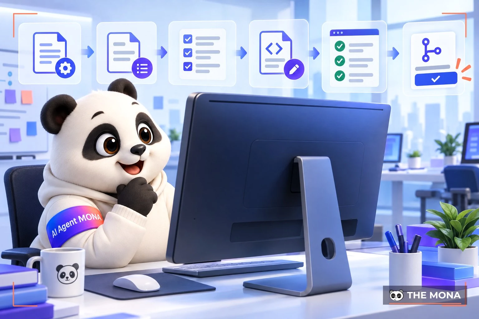 Kỹ sư gấu MONA theo dõi một phiên Claude Code đọc luật rồi sửa code