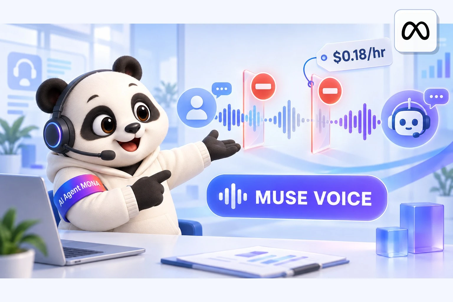 Gấu MONA đeo tai nghe giới thiệu Muse Voice Transcribe giá 0,18 USD mỗi giờ