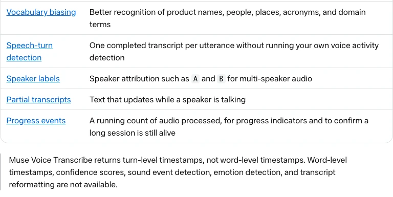 Ghi chú tài liệu Meta: Muse chỉ trả mốc thời gian theo lượt nói