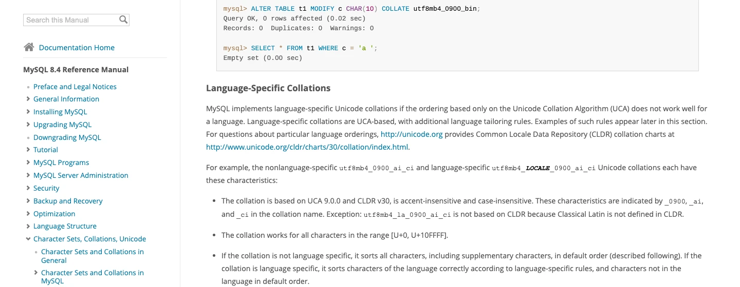 Tài liệu MySQL 8.4 mô tả collation utf8mb4_0900_ai_ci và collation theo ngôn ngữ