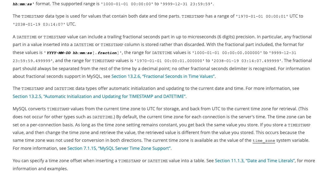 Trang tài liệu MySQL 8.4 nêu giới hạn TIMESTAMP đến 2038-01-19 03:14:07 UTC