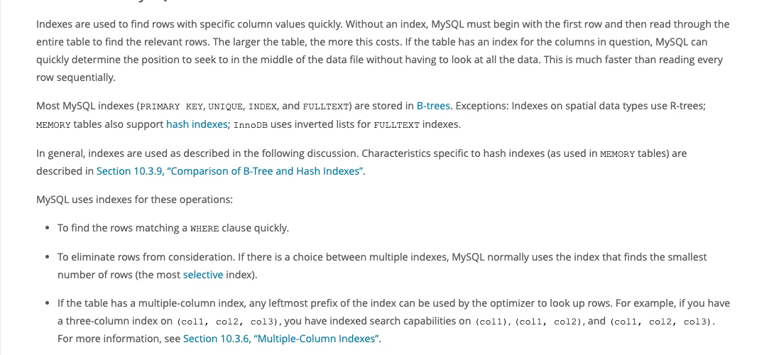 Trang MySQL giải thích index giúp tìm dòng theo WHERE và quy tắc tiền tố bên trái