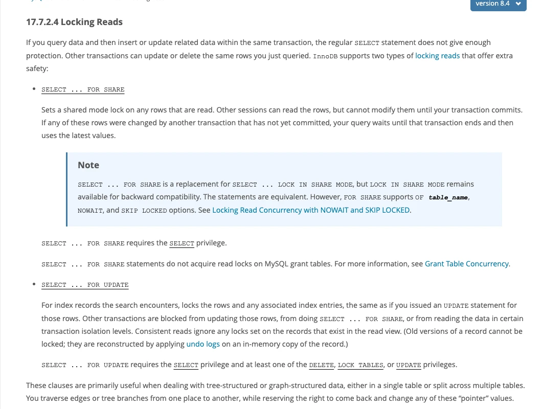 Trang sách hướng dẫn MySQL 8.4 mô tả SELECT FOR SHARE và SELECT FOR UPDATE trong InnoDB