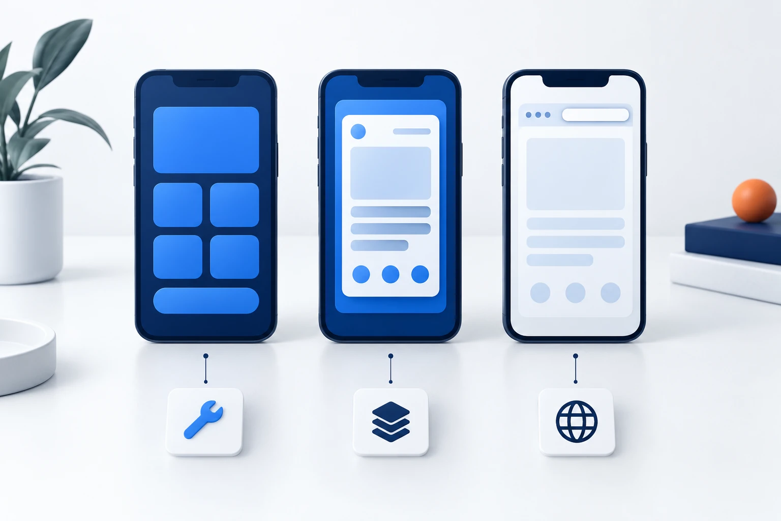 Ba điện thoại so sánh native app, hybrid app và web app đặt cạnh nhau