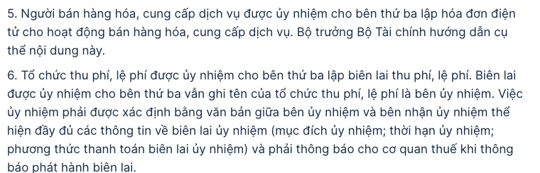 Khoản 5 và khoản 6 Nghị định 254/2026/NĐ-CP về ủy nhiệm lập hóa đơn và biên lai