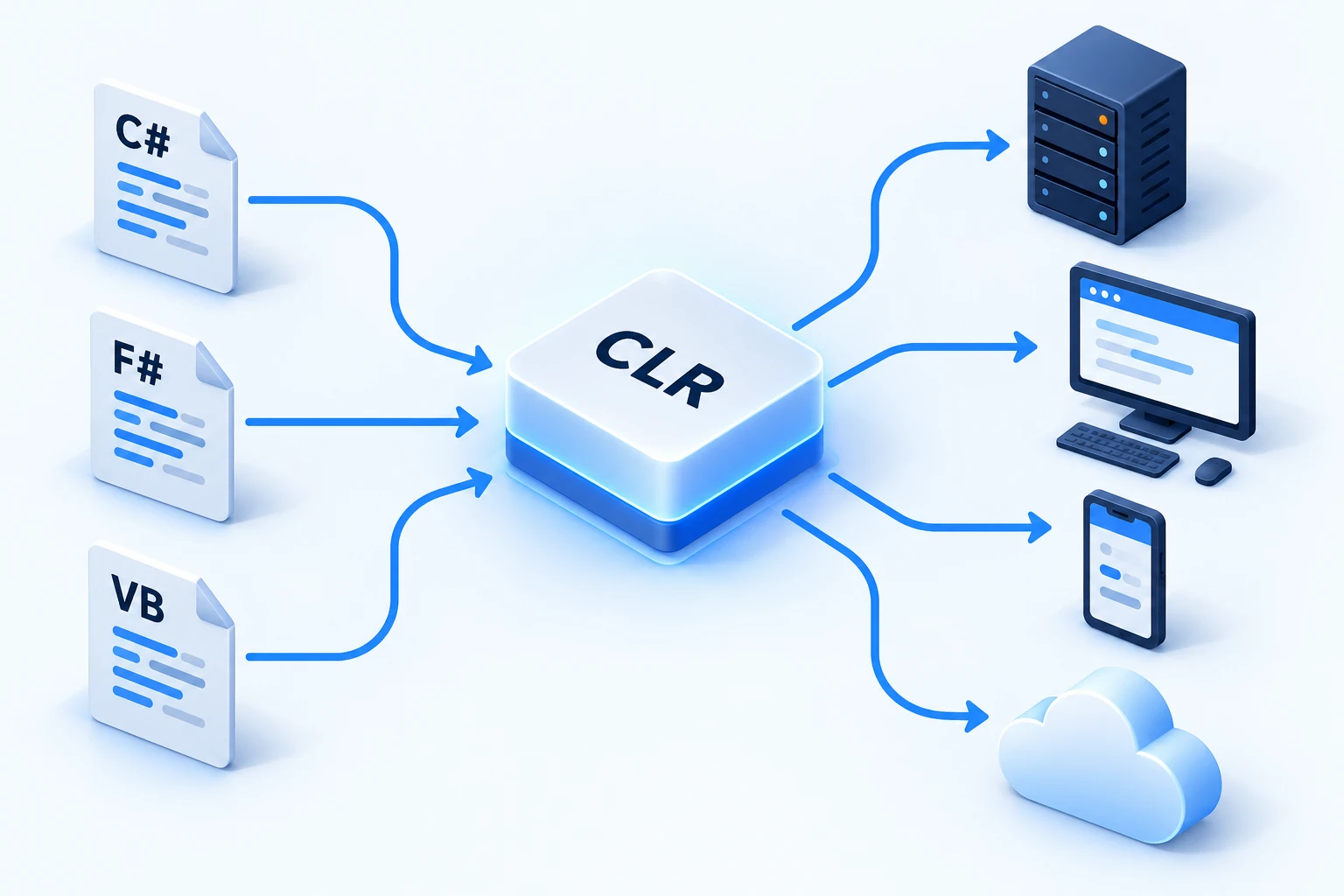 Sơ đồ mã C#, F#, VB chạy qua CLR tới máy chủ, máy tính, điện thoại và đám mây