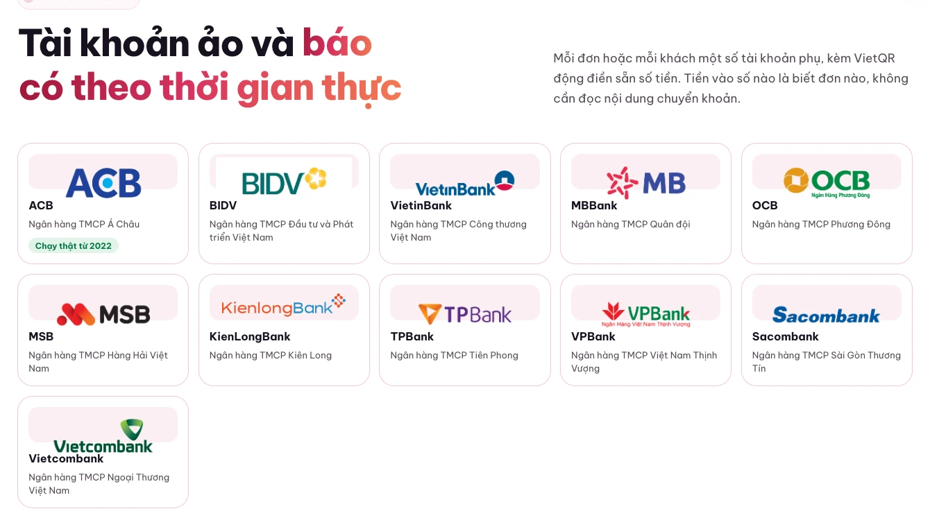 Danh sách ngân hàng trong nhóm tài khoản ảo và báo có thời gian thực của MONA Pay